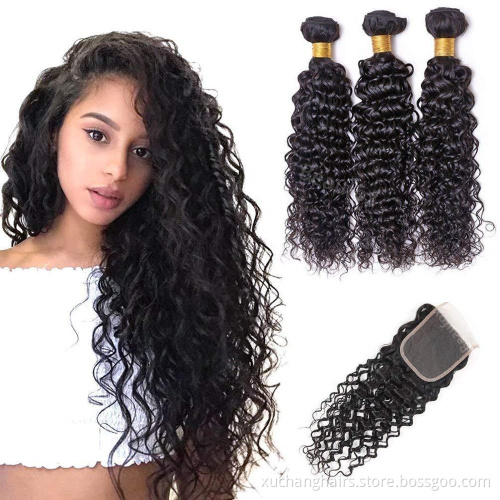 Whosale virgin curly remy hair extension cheap human hair bundles with lace closure/ 3 pcs bundles with 1 pcs 4*4 lace closure